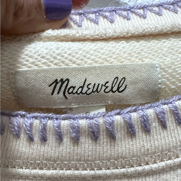 Madewell Stitched Shrunken Sweatshirt Cream Top with Lavender Stitching Small - Picture 2 of 7